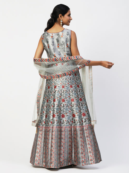 Grey Silk Printed Gown With Dupatta - PepaBai