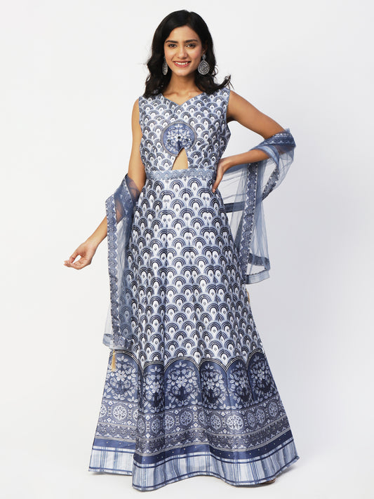 Blue Silk Printed Gown With Dupatta - PepaBai
