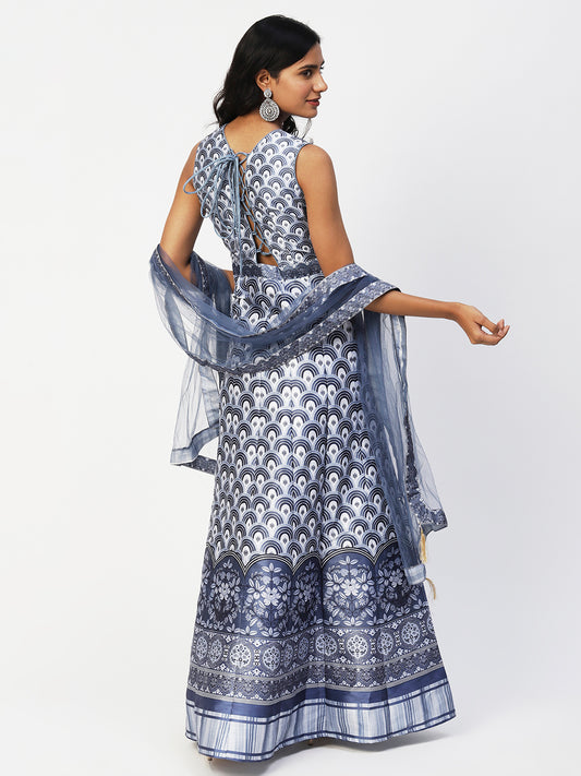Blue Silk Printed Gown With Dupatta - PepaBai