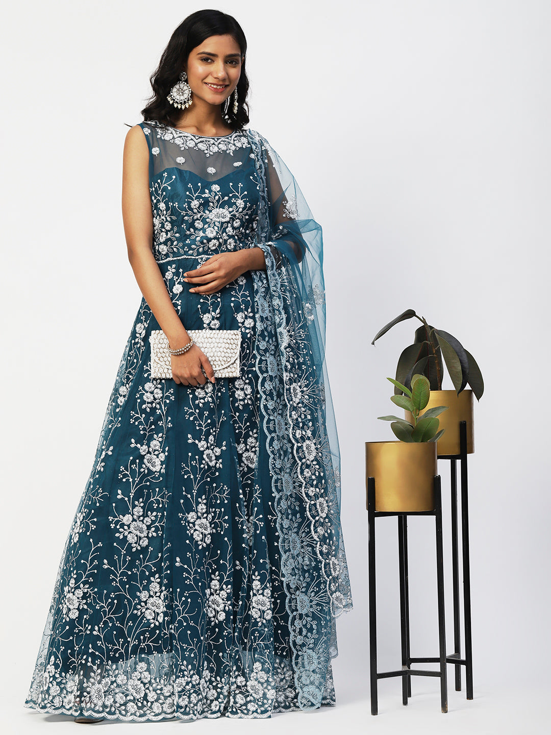 Teal Blue Net Embroidery Gown With Dupatta - PepaBai