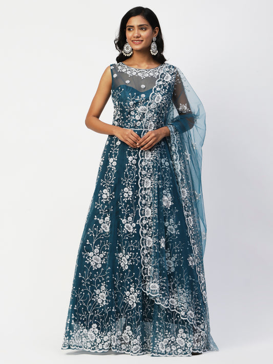 Teal Blue Net Embroidery Gown With Dupatta - PepaBai