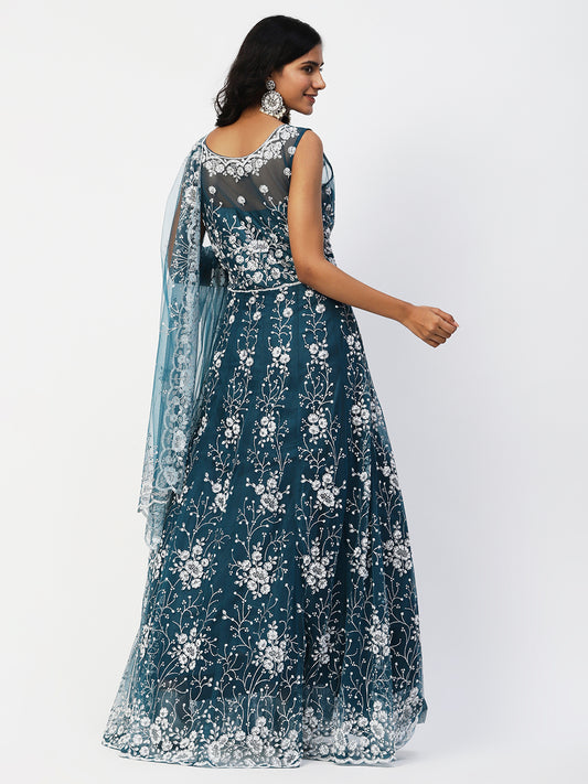 Teal Blue Net Embroidery Gown With Dupatta - PepaBai