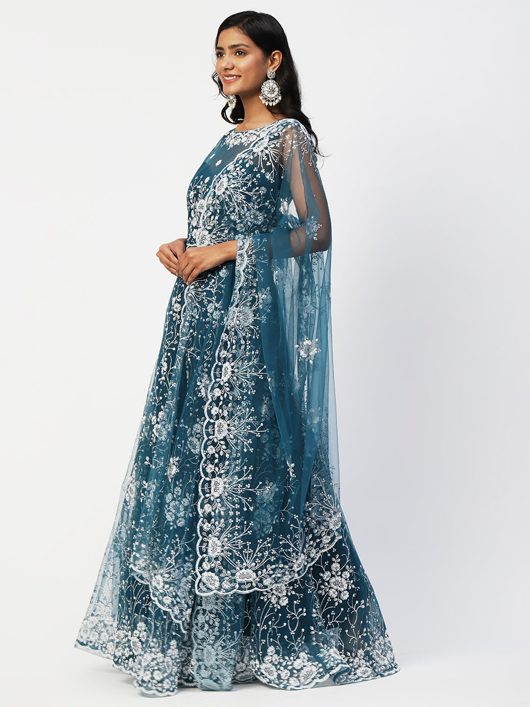 Teal Blue Net Embroidery Gown With Dupatta - PepaBai