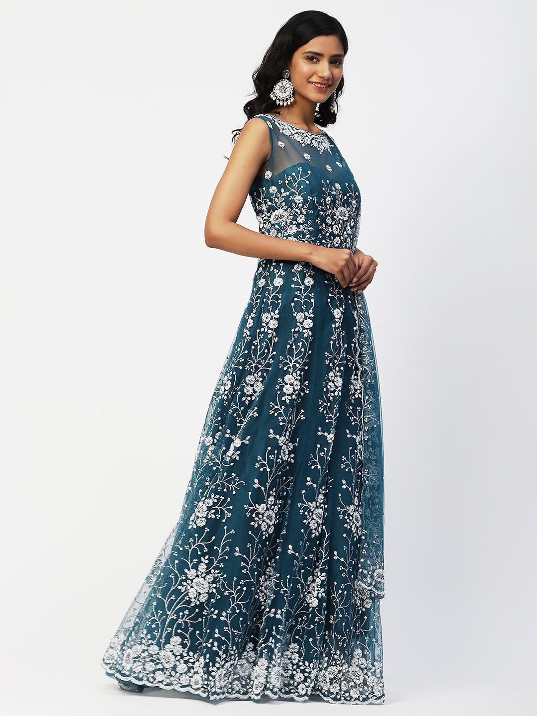 Teal Blue Net Embroidery Gown With Dupatta - PepaBai