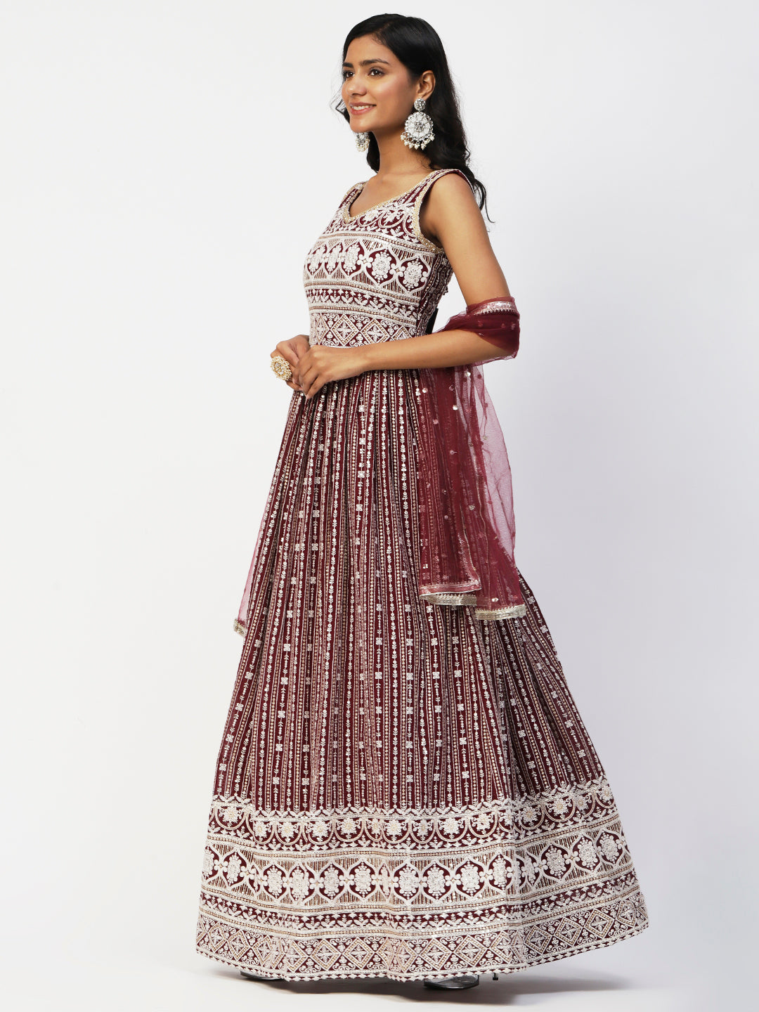 Maroon Georgette Embroidery Gown With Dupatta - PepaBai