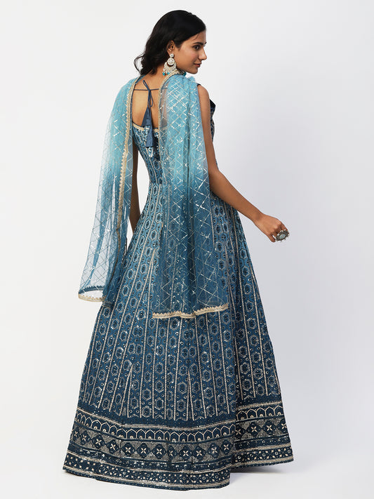 Blue Georgette Embroidery Gown With Dupatta - PepaBai