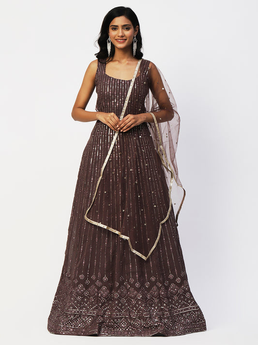 Brown Georgette Embroidery Gown With Dupatta - PepaBai