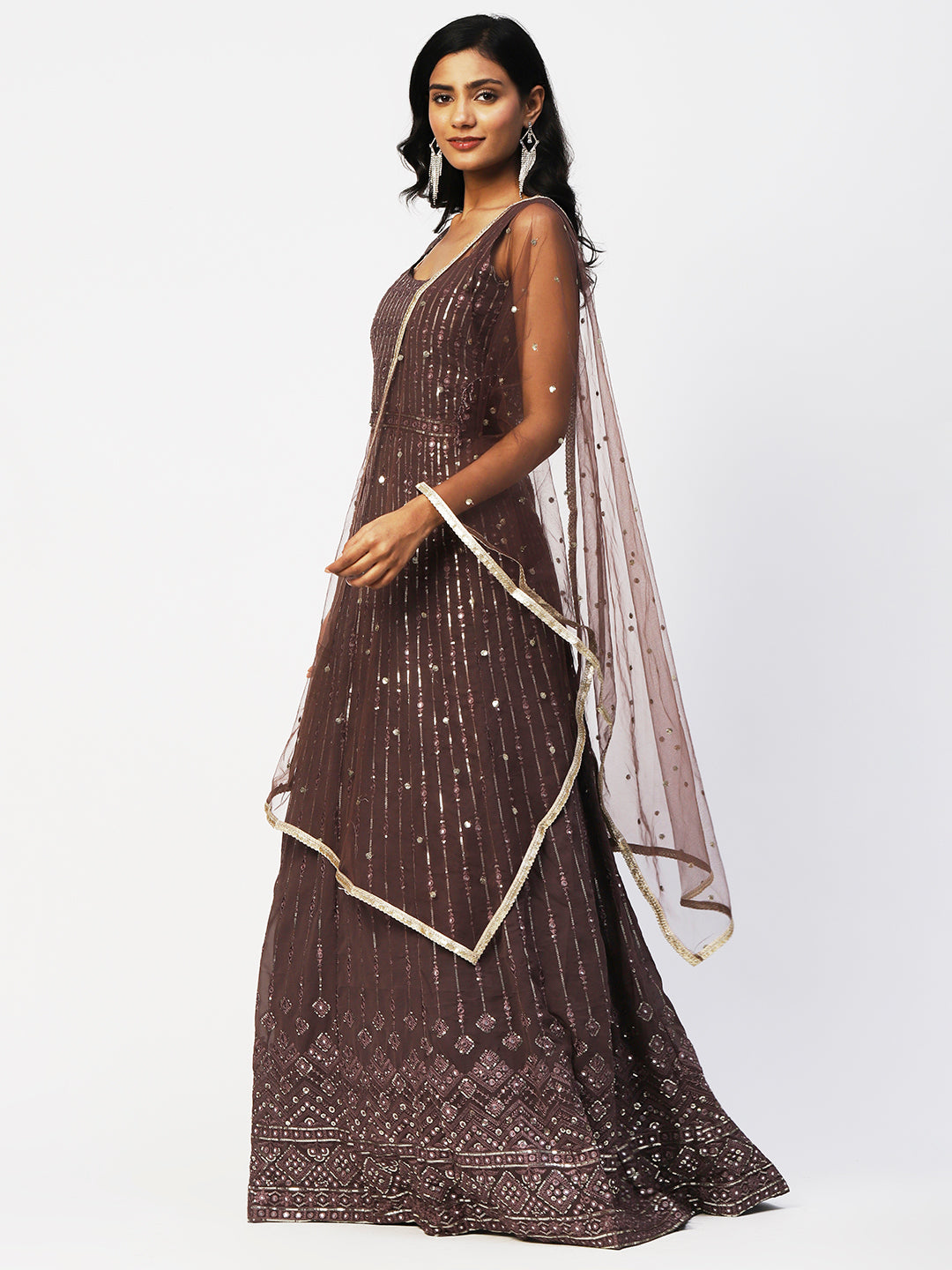 Brown Georgette Embroidery Gown With Dupatta - PepaBai