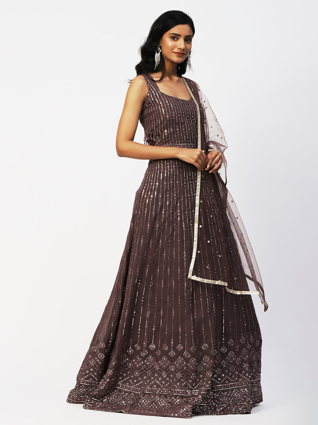 Brown Georgette Embroidery Gown With Dupatta - PepaBai