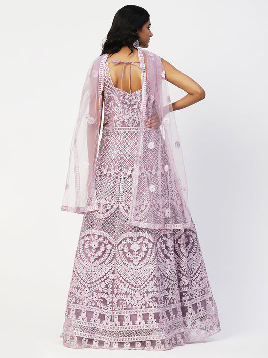 Purple Net Embroidery Gown With Dupatta - PepaBai