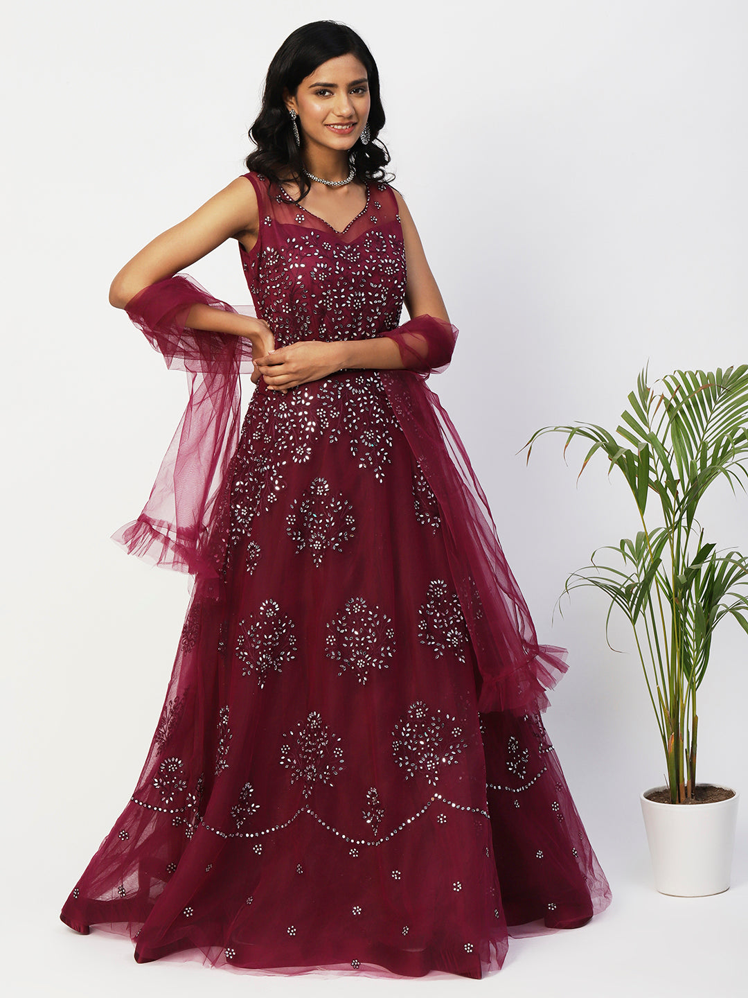 Maroon Net Embroidery Gown With Dupatta - PepaBai