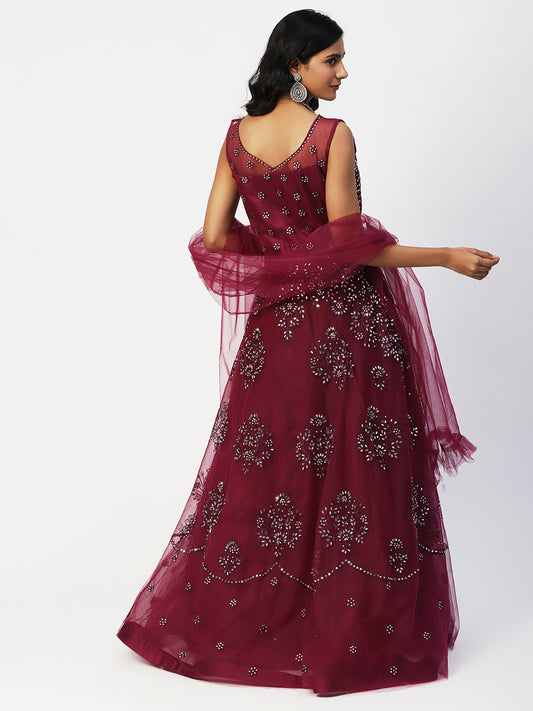 Maroon Net Embroidery Gown With Dupatta - PepaBai