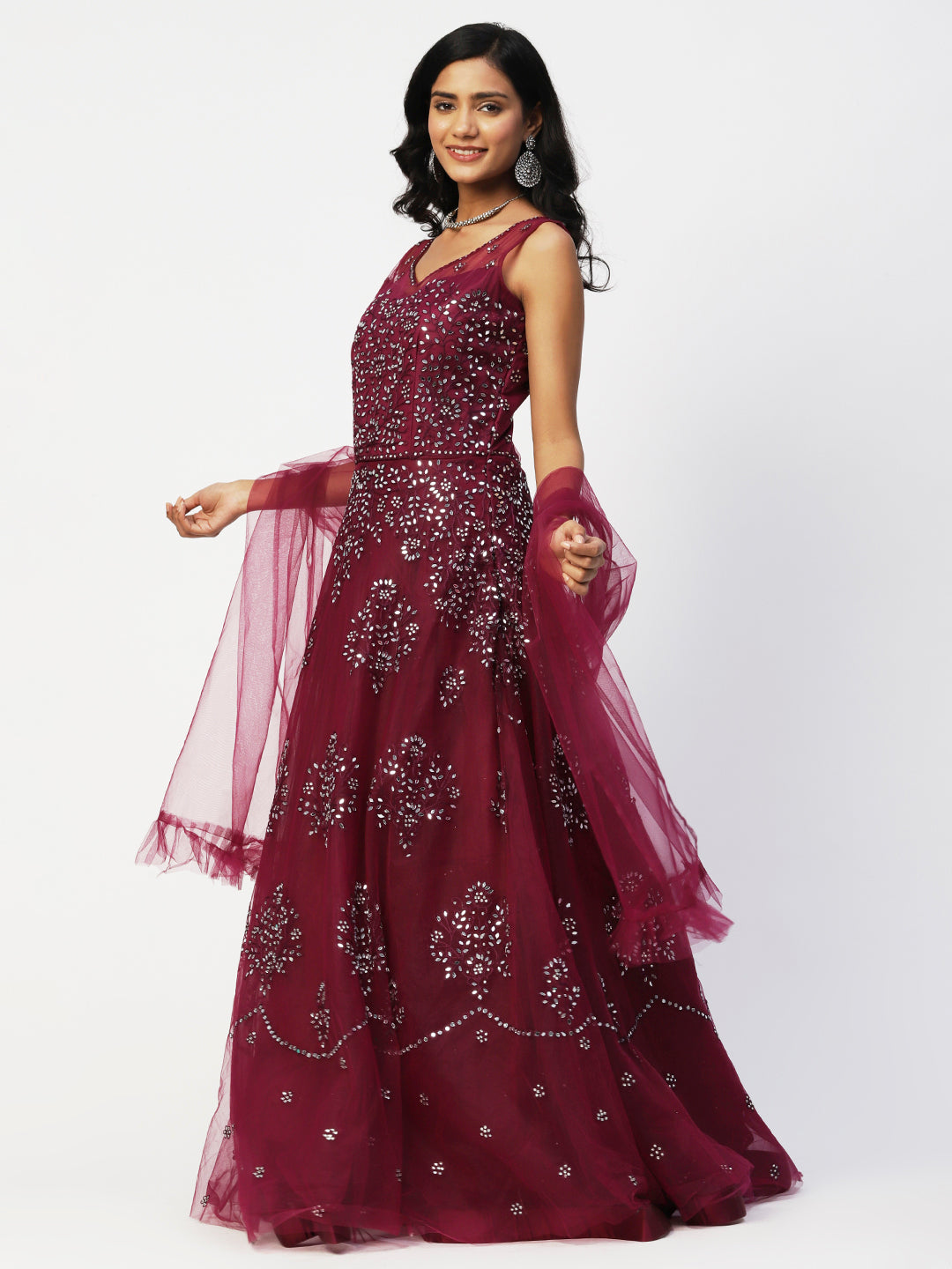 Maroon Net Embroidery Gown With Dupatta - PepaBai