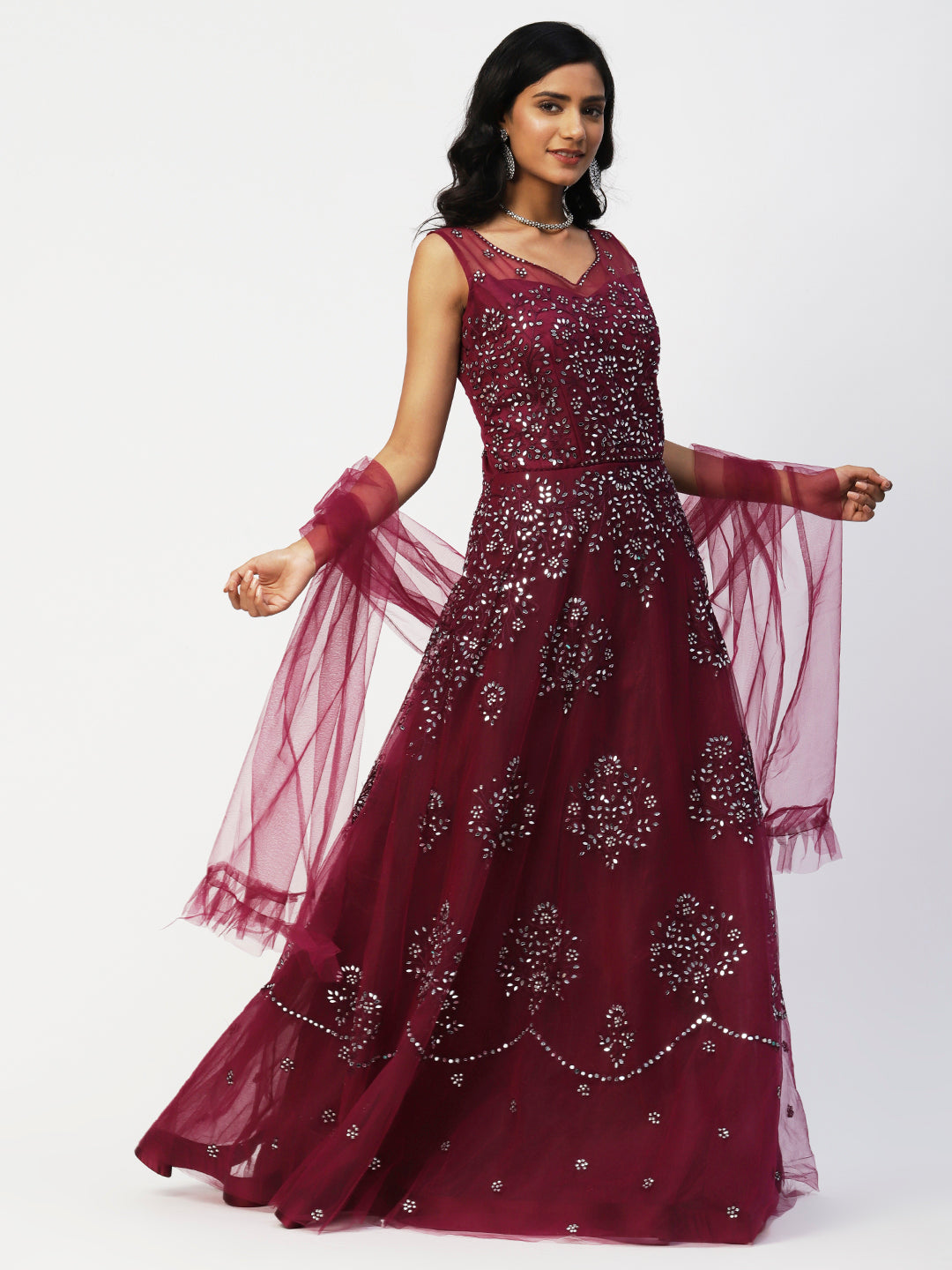 Maroon Net Embroidery Gown With Dupatta - PepaBai