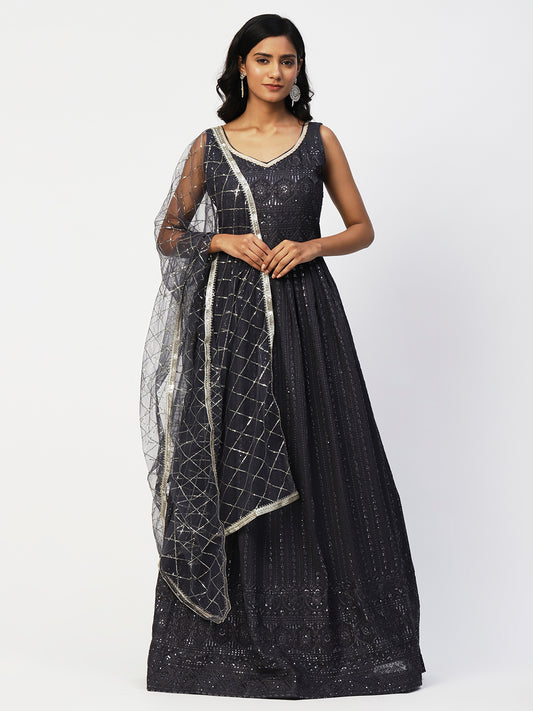 Black Georgette Embroidery Gown With Dupatta - PepaBai