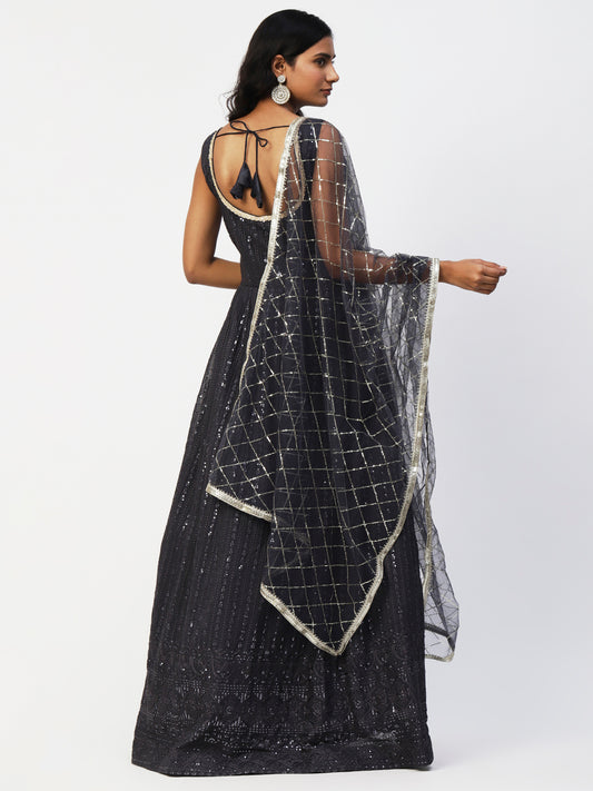 Black Georgette Embroidery Gown With Dupatta - PepaBai