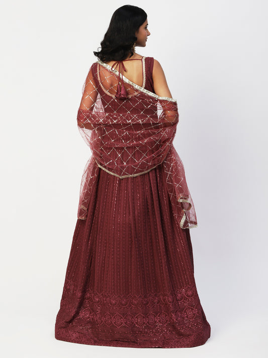Wine Georgette Embroidery Gown With Dupatta - PepaBai