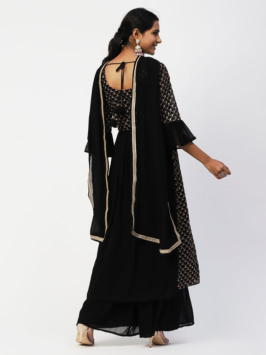 Black Georgette Sharara Suit With golden Embroidery - PepaBai