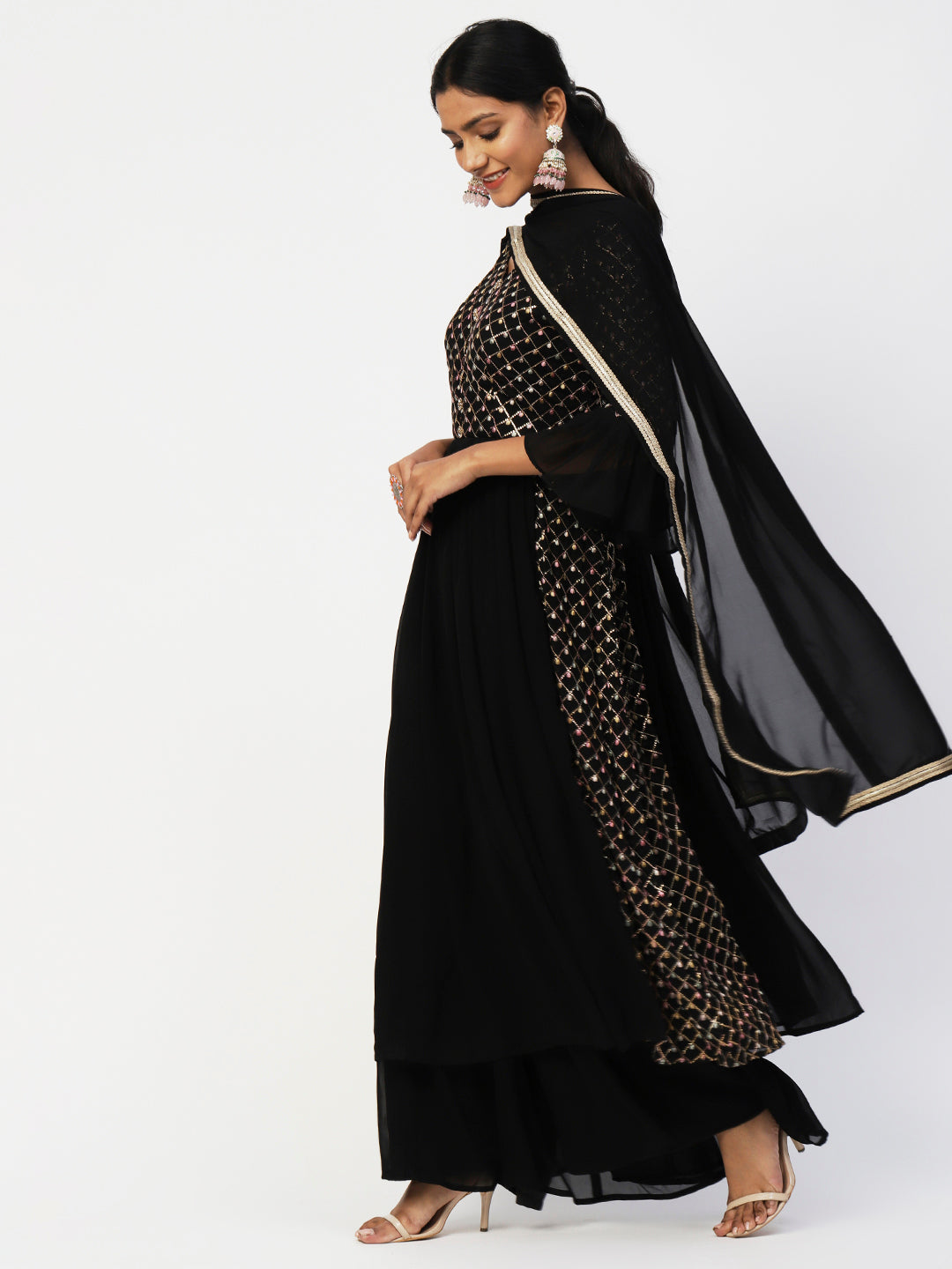 Black Georgette Sharara Suit With golden Embroidery - PepaBai