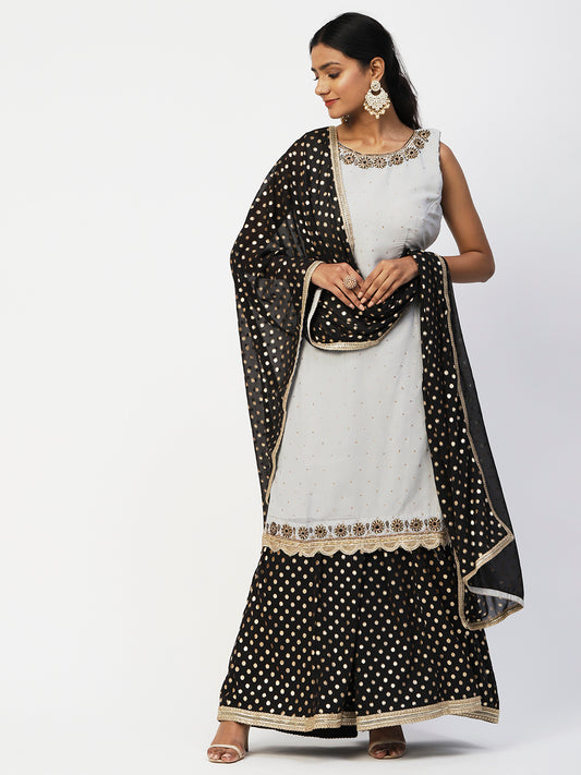 Grey & Black Georgette Sharara Suit With Embroidery - PepaBai