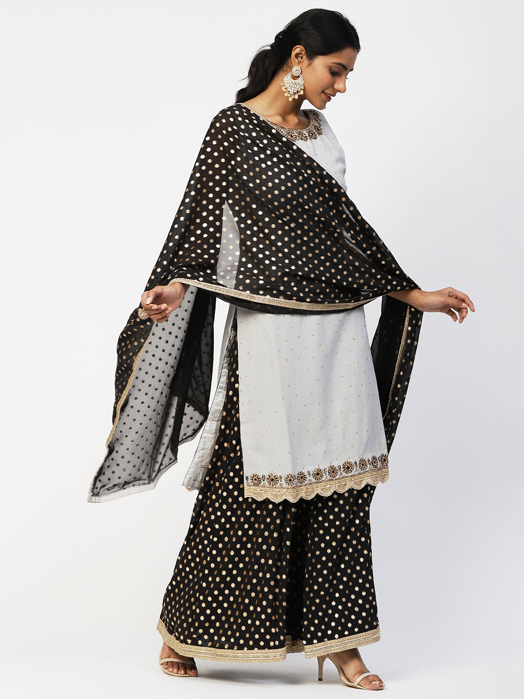 Grey & Black Georgette Sharara Suit With Embroidery - PepaBai