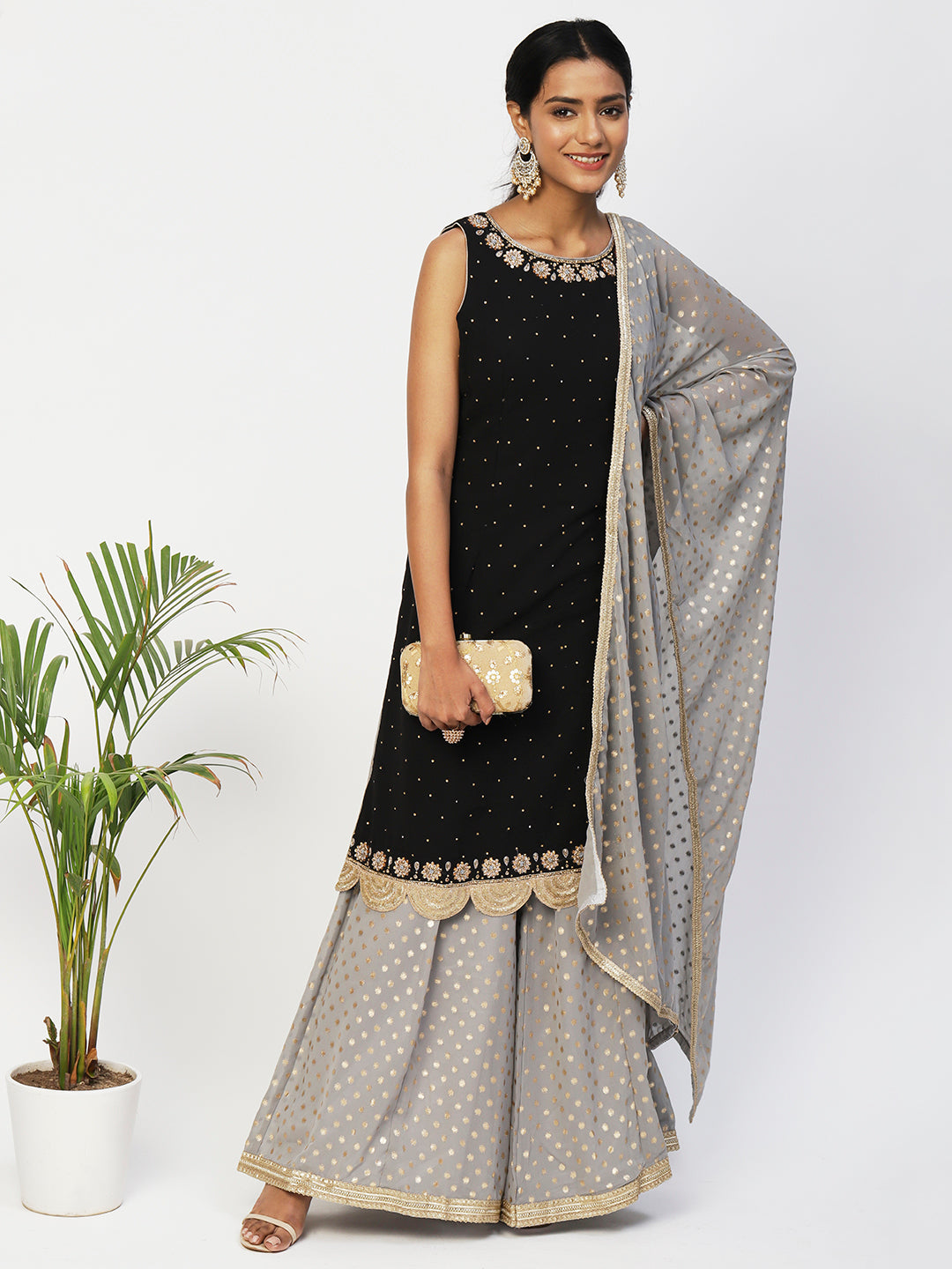 Black & Grey Georgette Sharara Suit With Embroidery - PepaBai