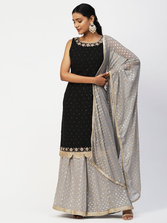 Black & Grey Georgette Sharara Suit With Embroidery - PepaBai