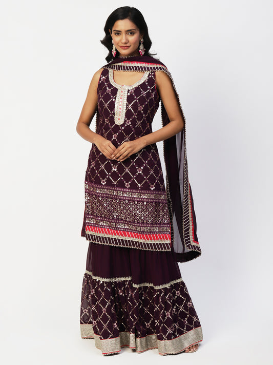 Wine Georgette Sharara Suit With Embroidery - PepaBai