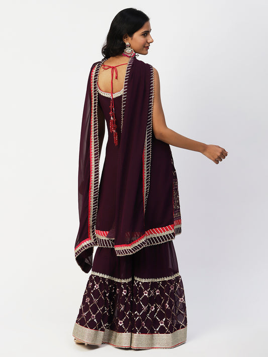 Wine Georgette Sharara Suit With Embroidery - PepaBai