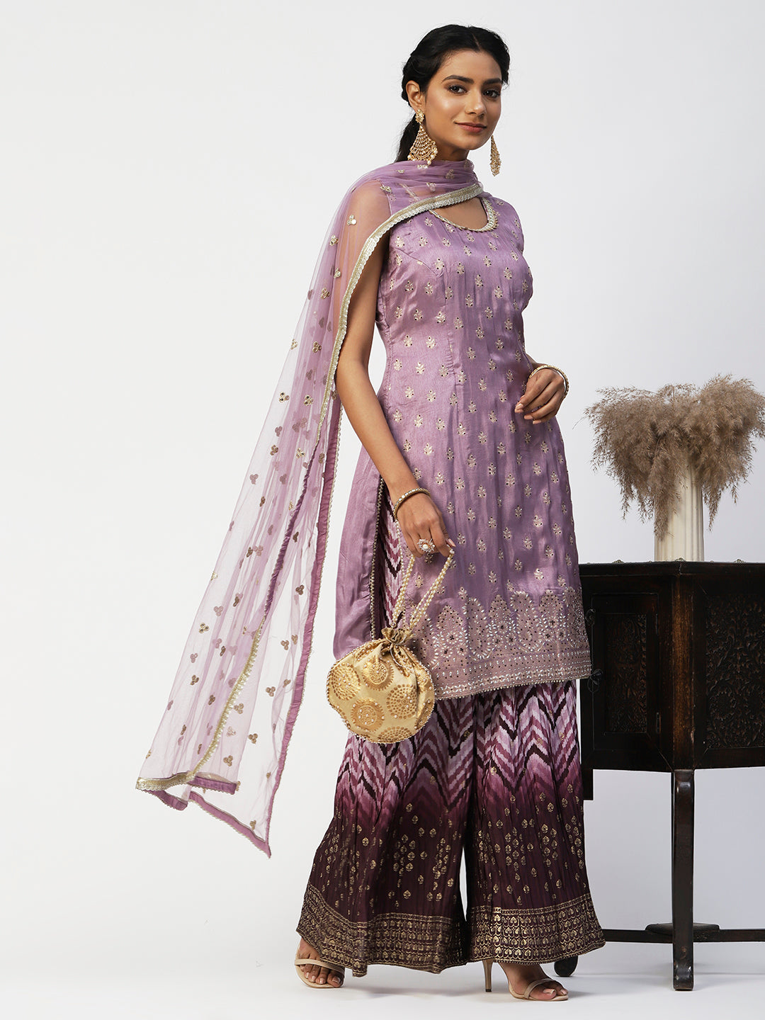 Mauve Dola Silk Sharara Suit With Embroidery - PepaBai