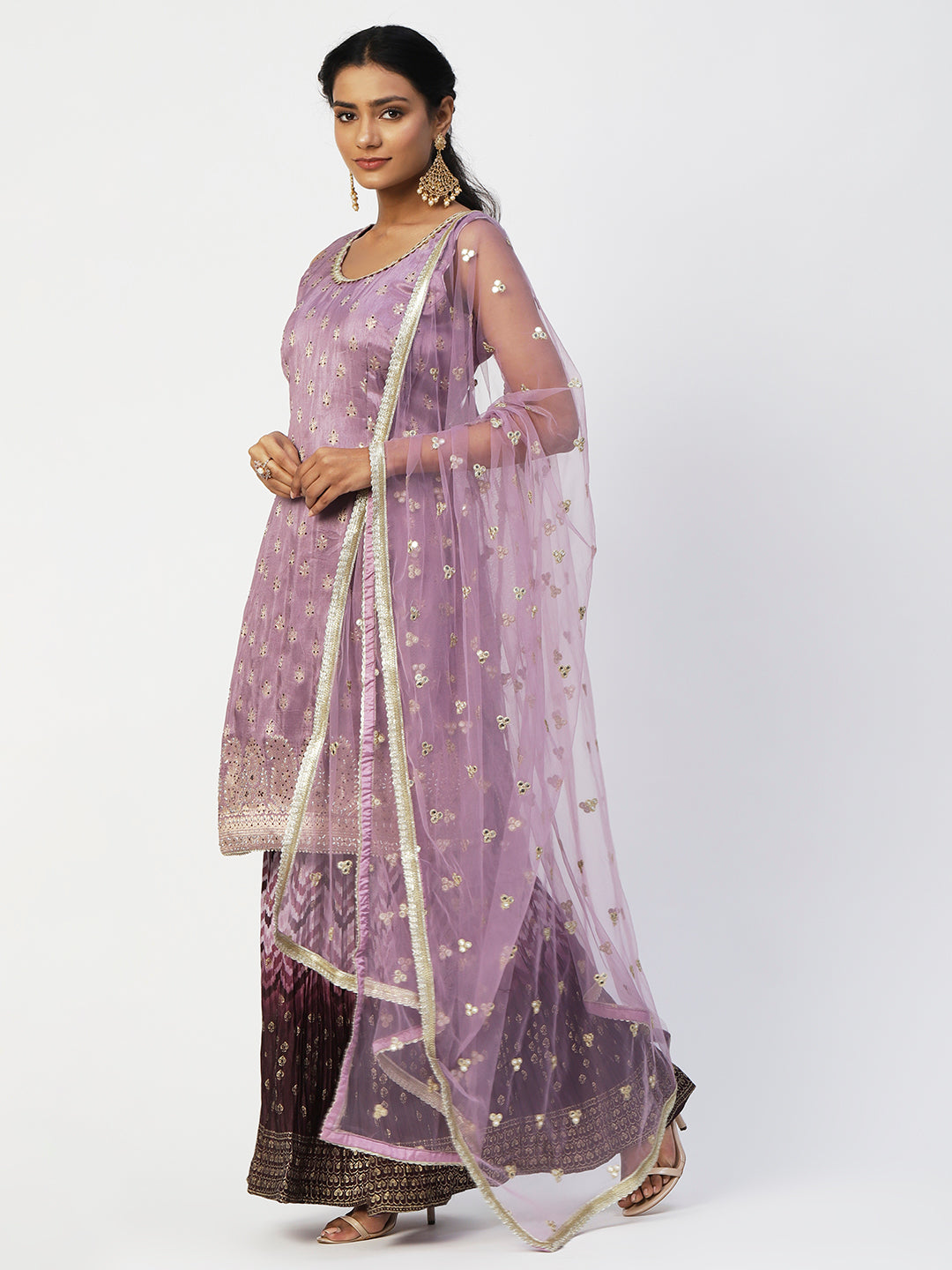 Mauve Dola Silk Sharara Suit With Embroidery - PepaBai