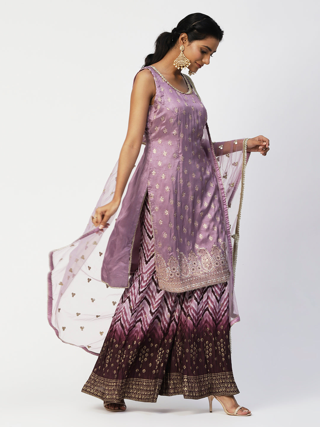 Mauve Dola Silk Sharara Suit With Embroidery from PepaBai