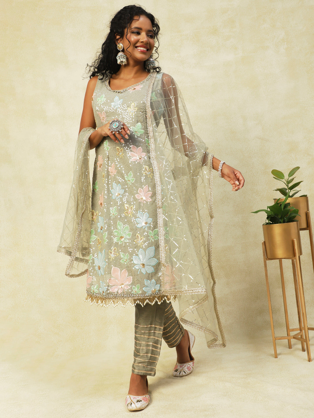 Light Grey Georgette Embroidery Kurta Set With Dupatta from PepaBai