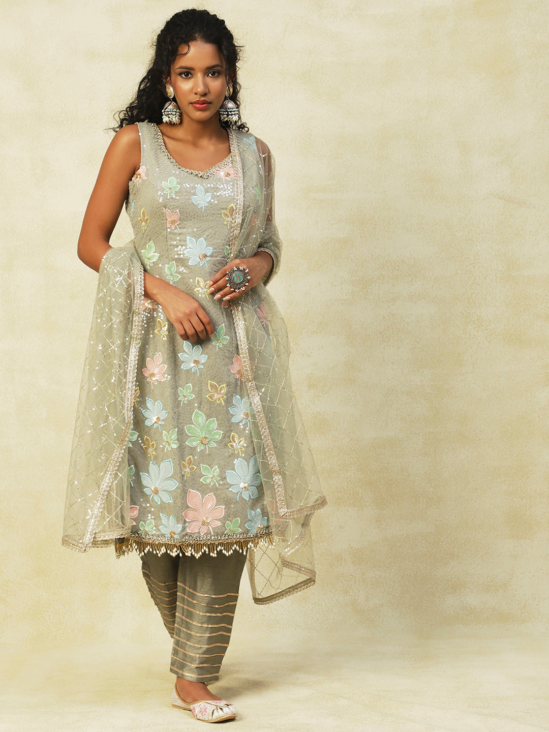 Light Grey Georgette Embroidery Kurta Set With Dupatta - PepaBai