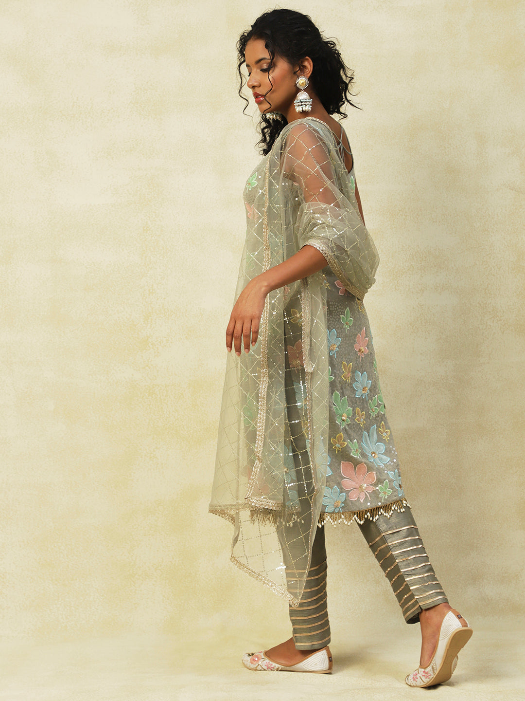 Light Grey Georgette Embroidery Kurta Set With Dupatta - PepaBai