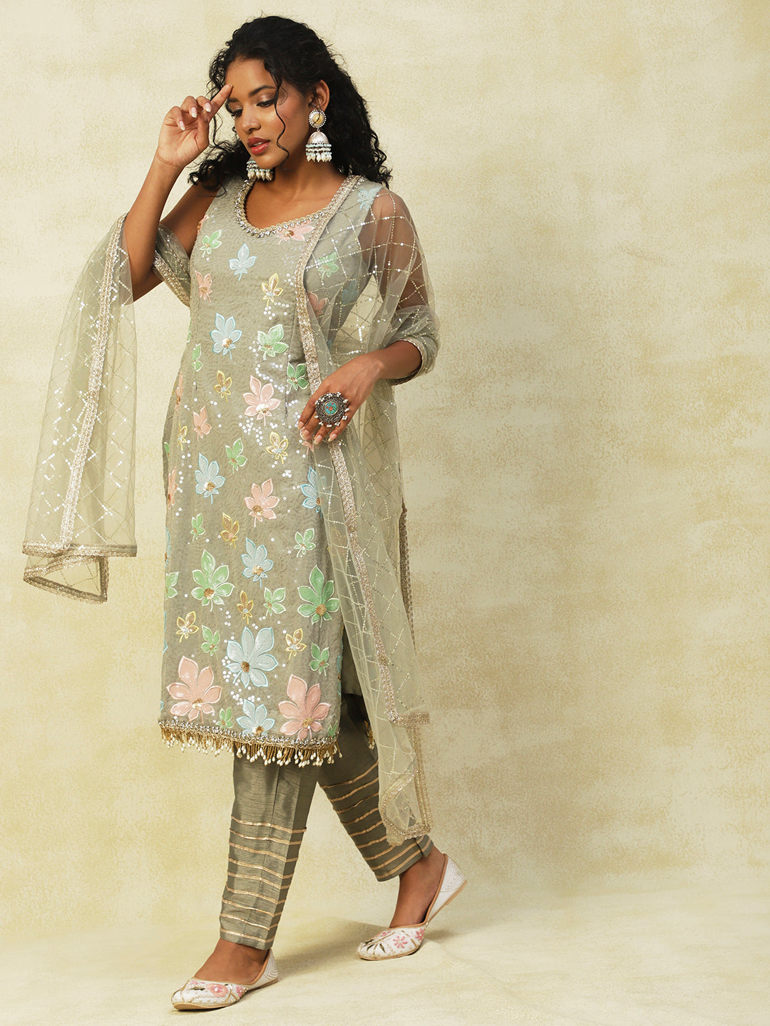 Light Grey Georgette Embroidery Kurta Set With Dupatta - PepaBai