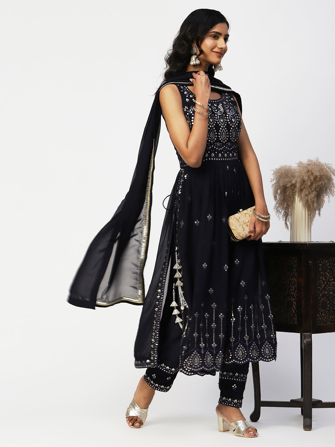 Black Georgette Embroidery Kurta Set With Dupatta - PepaBai