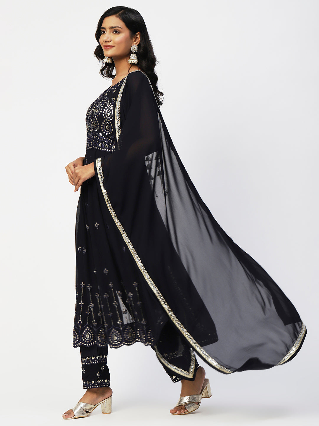 Black Georgette Embroidery Kurta Set With Dupatta - PepaBai