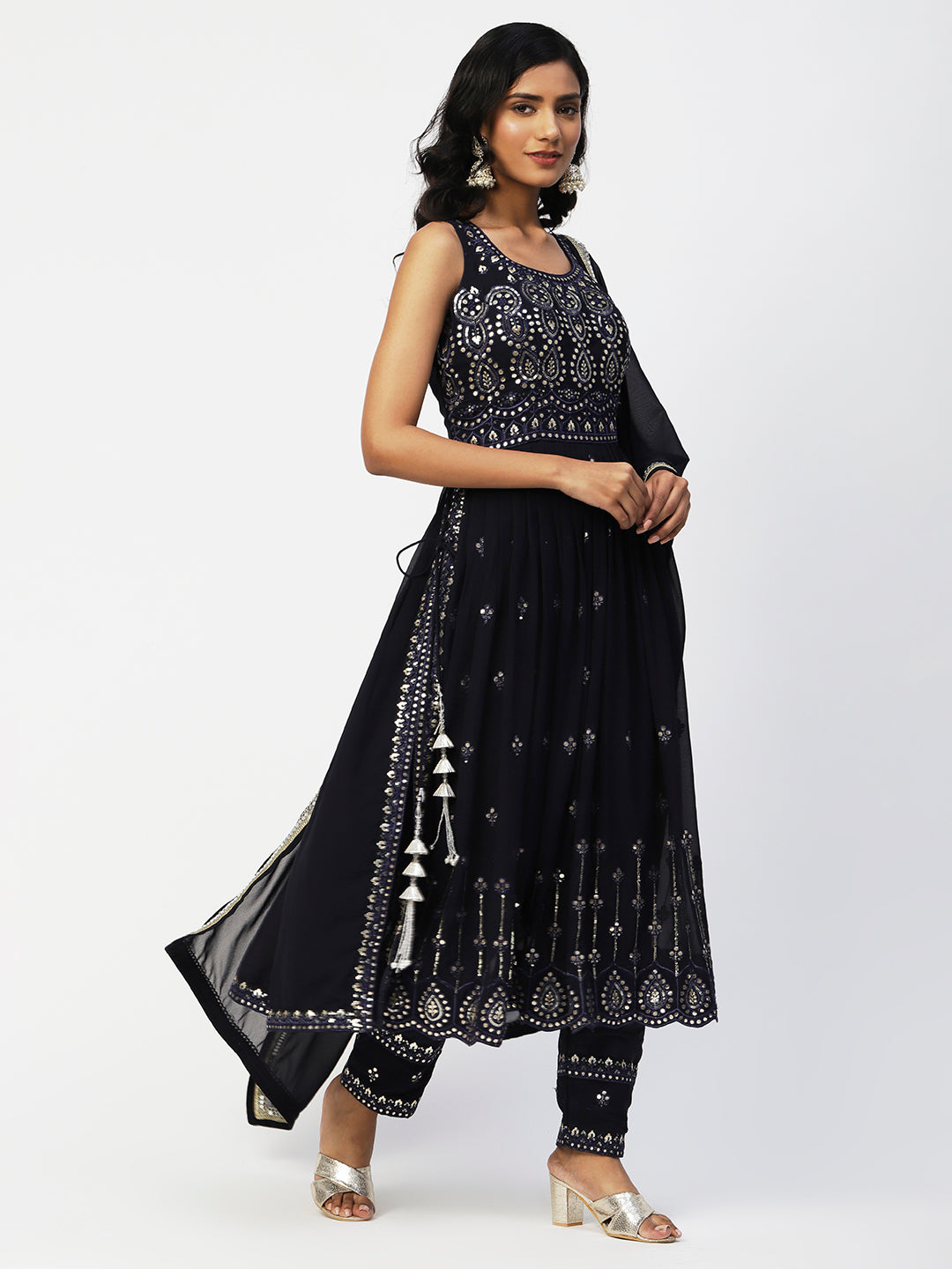 Black Georgette Embroidery Kurta Set With Dupatta - PepaBai