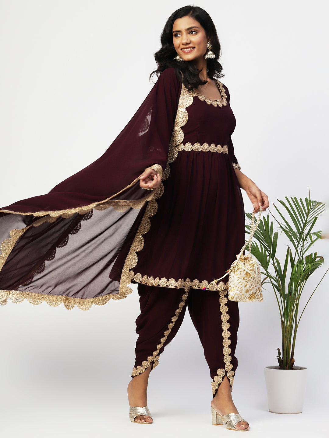 Wine Georgette Solid Kurta Set With Dupatta - PepaBai