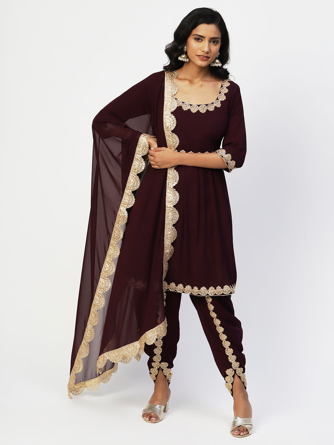 Wine Georgette Solid Kurta Set With Dupatta - PepaBai