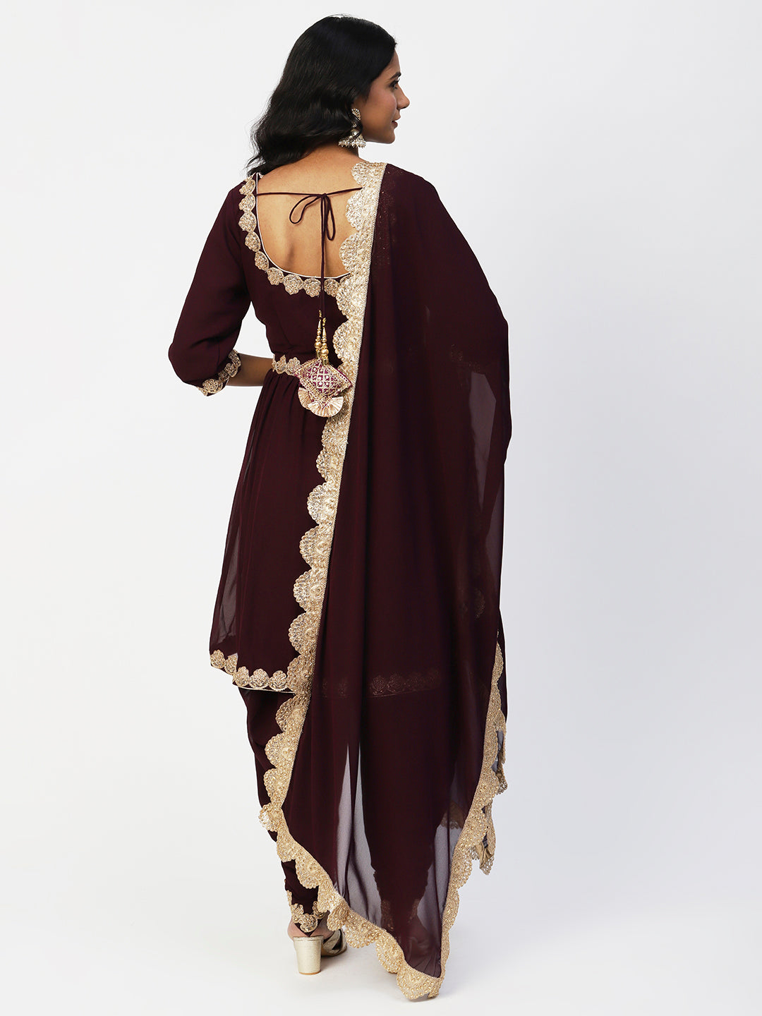 Wine Georgette Solid Kurta Set With Dupatta - PepaBai