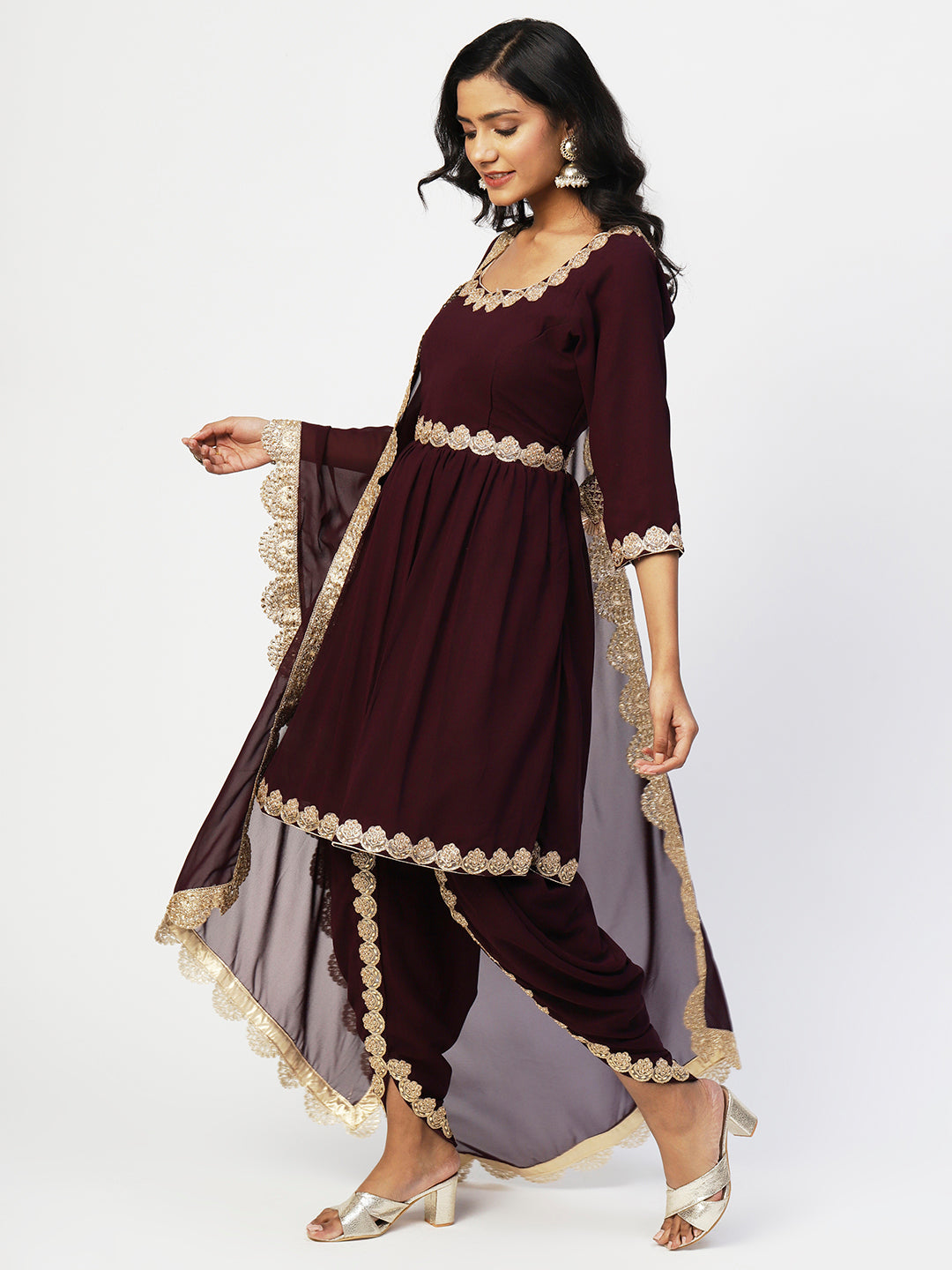 Wine Georgette Solid Kurta Set With Dupatta - PepaBai