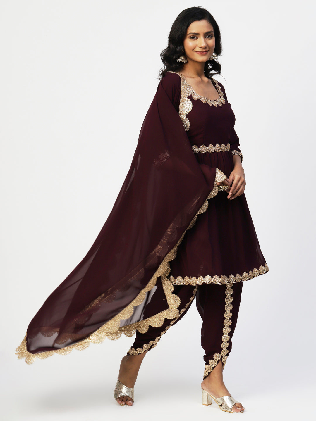 Wine Georgette Solid Kurta Set With Dupatta - PepaBai