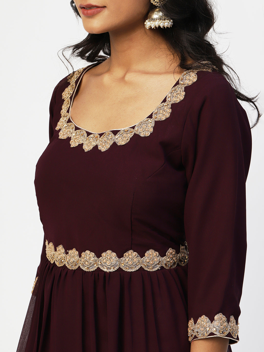 Wine Georgette Solid Kurta Set With Dupatta - PepaBai