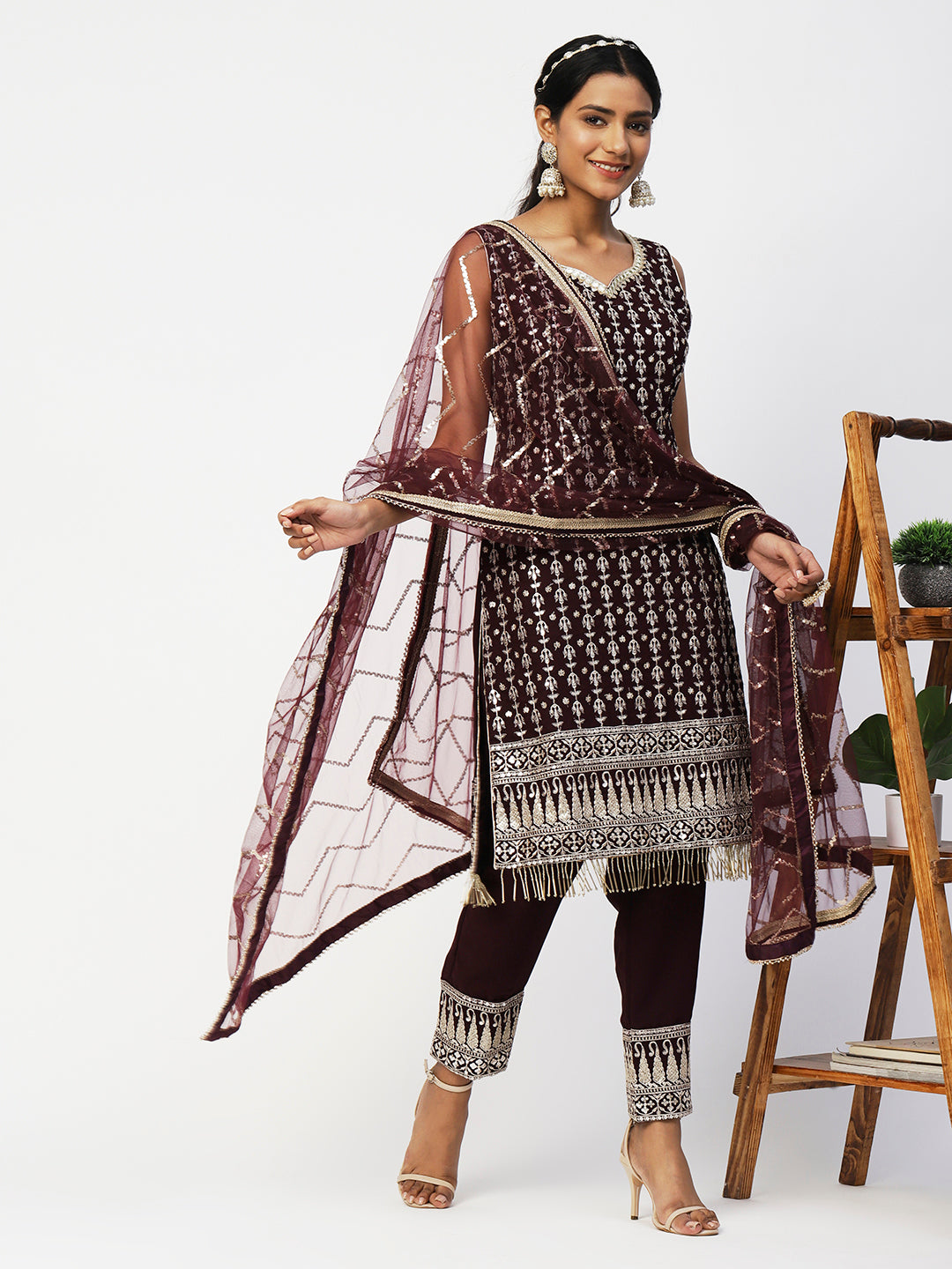 Luxurious Wine Georgette Embroidered Kurta Set with Matching Dupatta - PepaBai