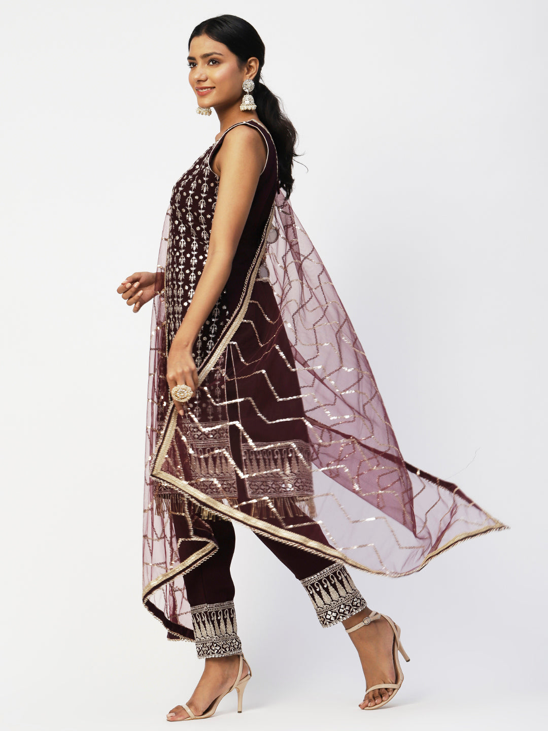 Luxurious Wine Georgette Embroidered Kurta Set with Matching Dupatta - PepaBai