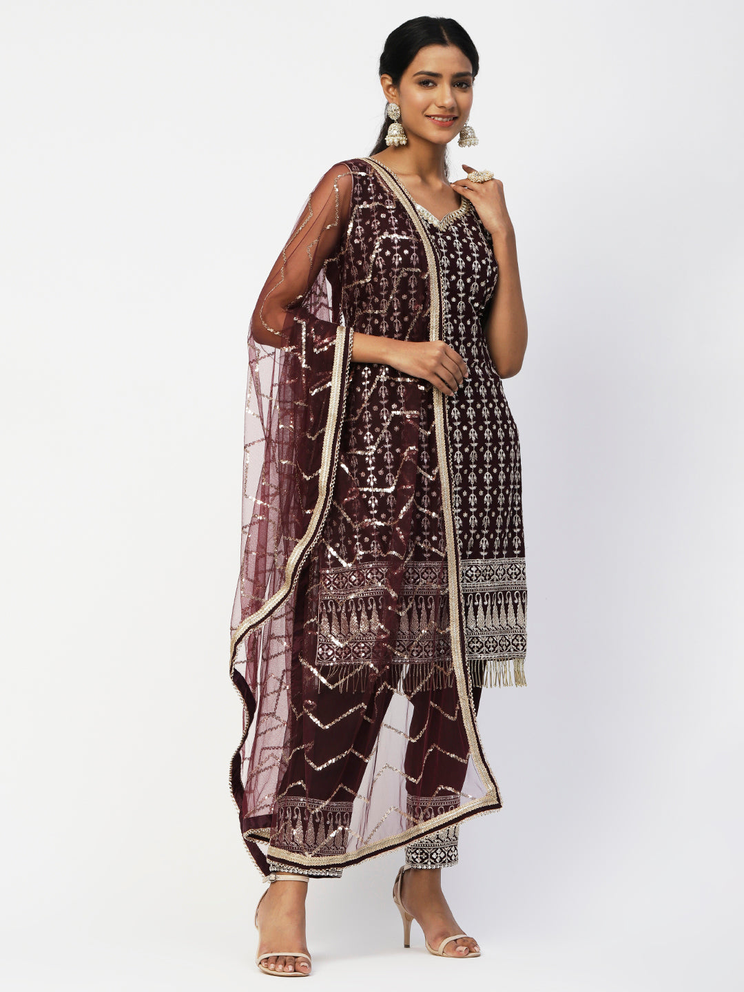 Luxurious Wine Georgette Embroidered Kurta Set with Matching Dupatta - PepaBai