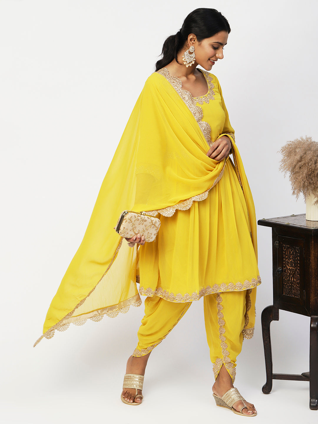 Yellow Georgette Solid Kurta Set With Dupatta - PepaBai