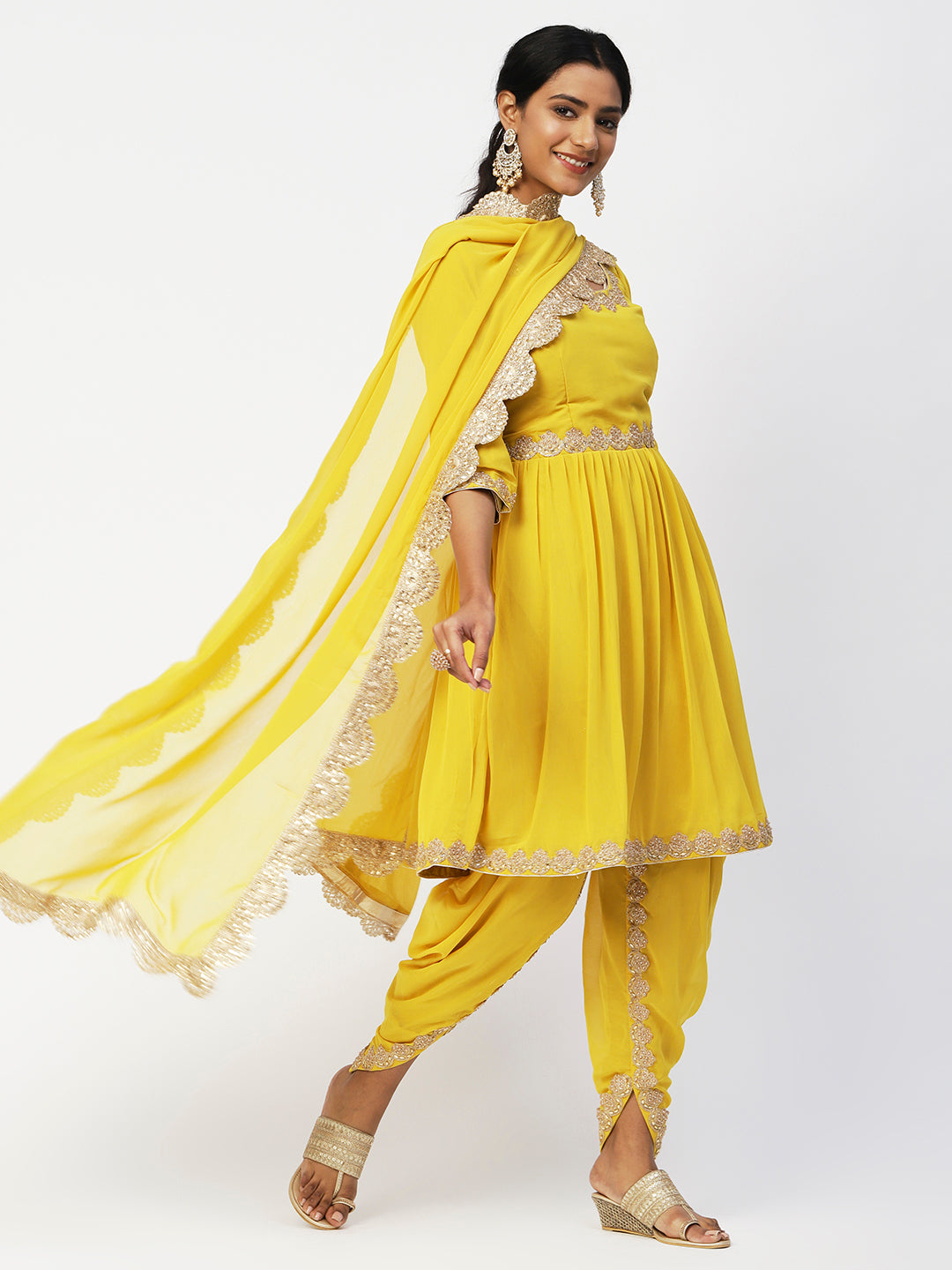 Yellow Georgette Solid Kurta Set With Dupatta - PepaBai